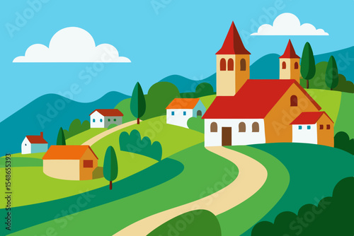 Charming Hilltop Village Picturesque Landscape with Winding Roads and Colorful Buildings