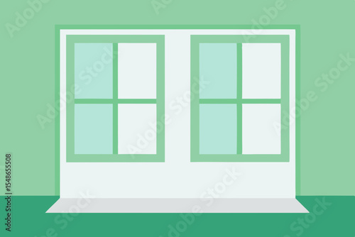 Empty square wooden window frame with green shutters against a green wall
