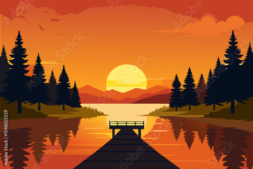 Golden sun over calm lake water reflects the beautiful landscape of trees and clouds at sunrise or sunset
