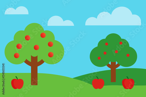 Vector illustration of an apple tree in a summer garden landscape with a sunny sky