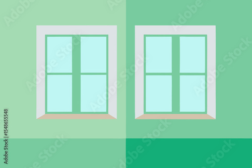 Empty square wooden window frame with green shutters against a green wall