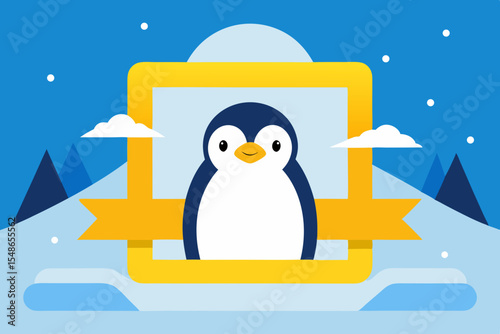 Cute cartoon penguins celebrate a happy Christmas in the cold arctic snow and ice