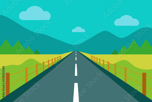 Vector landscape illustration of a winding mountain road under a summer sky with green fields and distant hills