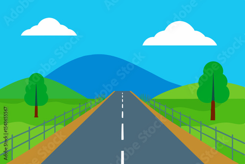 Vector landscape illustration of a winding mountain road under a summer sky with green fields and distant hills