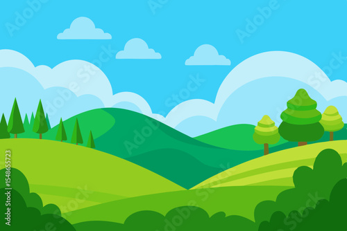 Summer landscape with green hills and mountains under a blue sky, a vibrant nature illustration