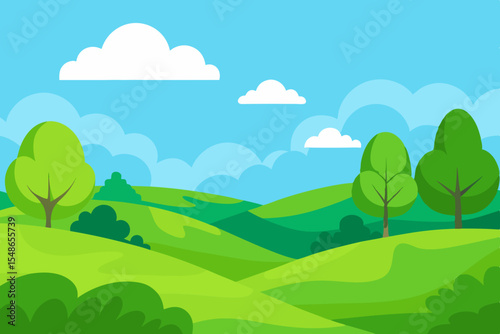 Summer landscape with green hills and mountains under a blue sky, a vibrant nature illustration