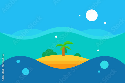 A vector illustration of a tropical island with palm trees on a sunny beach, surrounded by clear ocean water, perfect for summer travel