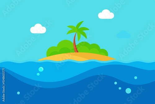 A vector illustration of a tropical island with palm trees on a sunny beach, surrounded by clear ocean water, perfect for summer travel