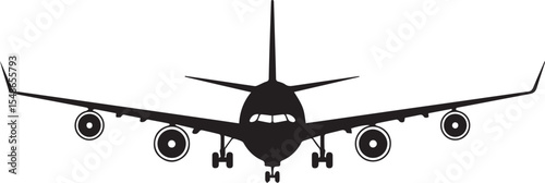 Airplane Front View Silhouette Vector of Commercial Jet in Black and White