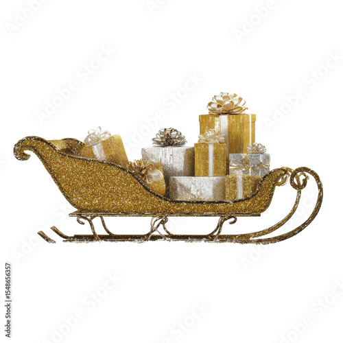 Glittering Gold Christmas Sleigh Overflowing with Presents