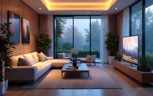 Living room and den concept with couch and furniture indoors. Digital overlay for smart home and metaverse, virtual reality living. High quality