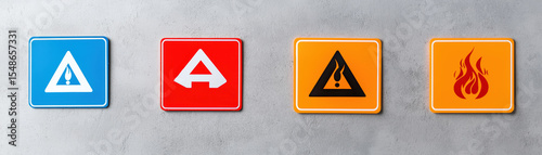 A selection of safety signs with important warnings, each color-coded for immediate hazard identification