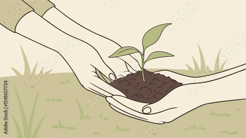 Hands Holding Soil with Young Plant Vector, Growth, Nature, and Eco Concept Illustration