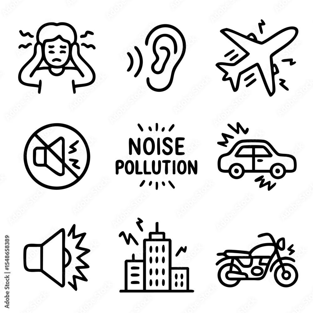 Fototapeta premium A set of doodle line icons depicting noise pollution sources such as vehicles, loudspeakers, airplanes, and the effects on human hearing