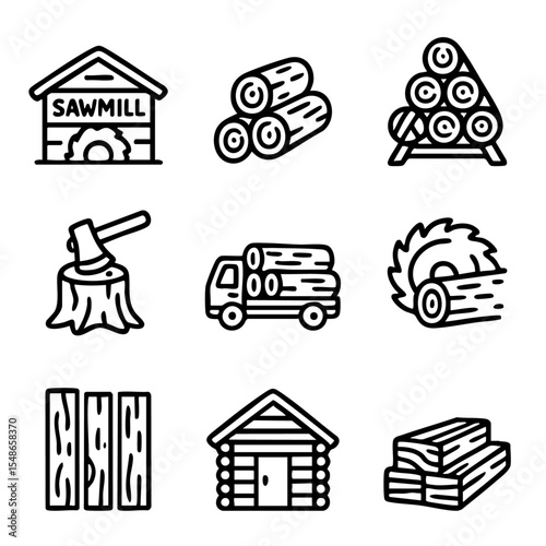 A set of doodle line icons representing lumber production, sawmill tools, wood processing, timber transport, chopping, and log cabins
