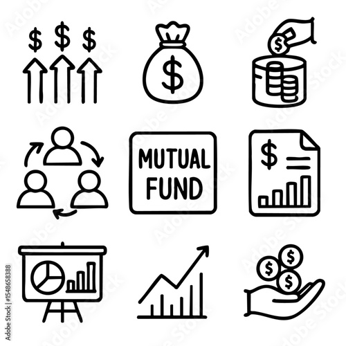 A set of doodle line icons illustrating mutual fund concepts, investment growth, finance reports, group funding, profit, and financial planning