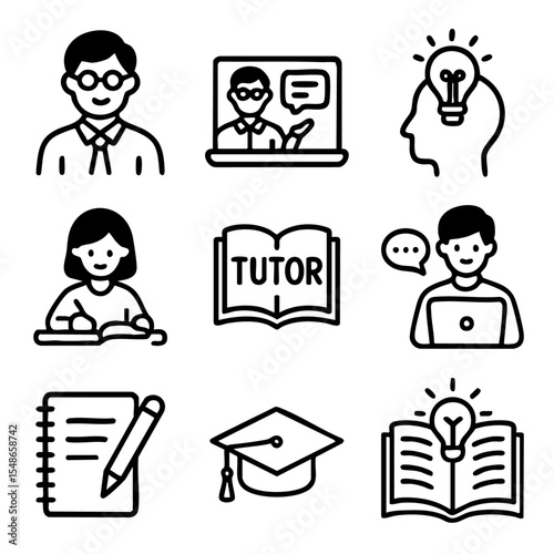 A set of doodle line icons representing tutoring, online learning, education tools, students, teachers, books, and academic success symbols
