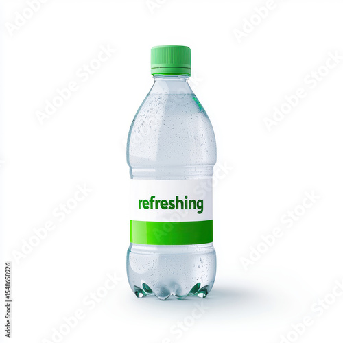 A clear plastic water bottle with a green cap and label that reads 