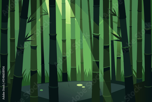 Tranquil green bamboo forest background, a natural Asian design perfect for illustrating growth and zen