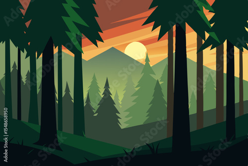 Tropical sunset landscape with silhouetted palm trees on a beach, or a vibrant orange dusk sky over mountain and forest silhouettesTropical sunset landscape with silhouetted palm trees on a beach, or 