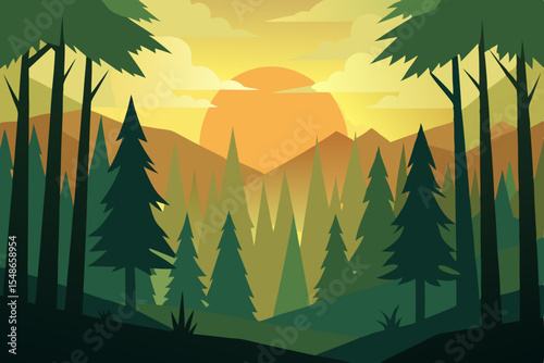 Silhouette of a man appreciating the vibrant sunset over a lush forest landscape with trees and tropical plants