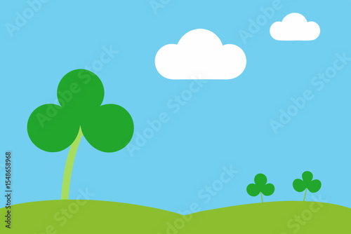 Here's a single sentence for describing your image:

St Patrick's Day landscape with a vibrant spring meadow, rolling hills, and a clear sky, featuring a whimsical cartoon tree and blooming flowers