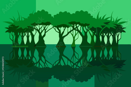 A vector illustration of a tropical island landscape with trees