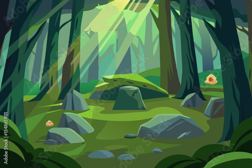 Summer nature landscape vector illustration of a car camping by a lake in the forest