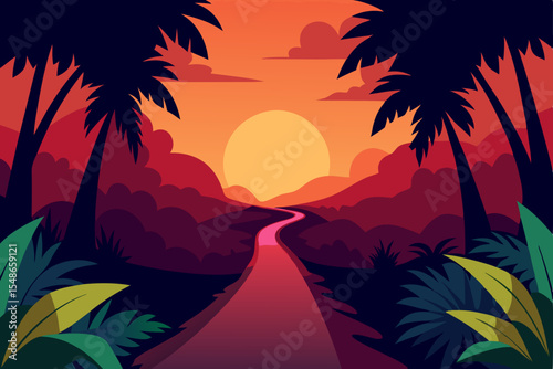 Tropical sunset on a beach with palm trees silhouetted against the vibrant orange sky and the tranquil sea
