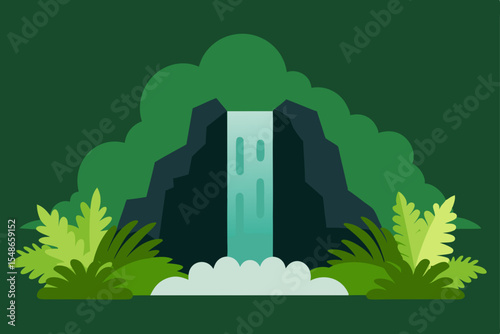 Green and white urban landscape vector illustration with trees, houses, and sky