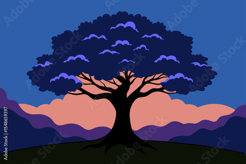 Majestic Silhouette A Lone Tree at Sunset, Nature's Serene Beauty