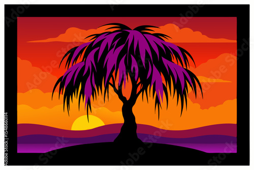 A stunning silhouette of palm trees against a vibrant sunset over a tropical beach with the sea and sky