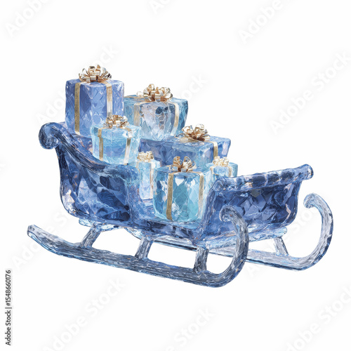 Crystal Ice Sleigh Overflowing with Blue Presents - Festive Winter Scene