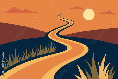 Desert highway at sunset, a long asphalt ribbon stretching toward the horizon under a vast sky, inviting a journey