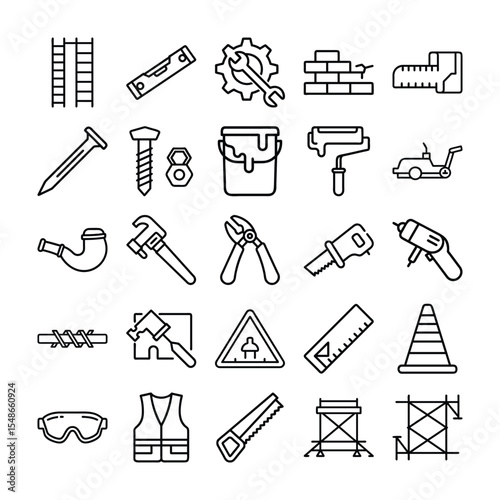 Construction and Building Tools Icons Set in Black and White Outline Style