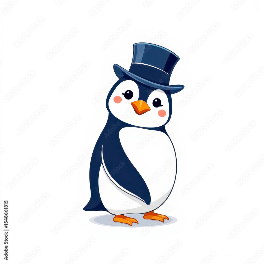 Fototapeta premium Adorable Cartoon Penguin in a Top Hat on White Background