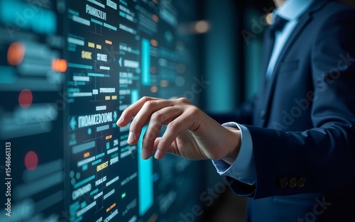 Business man using computer hand close up futuristic cyber space decentralized finance AI chatbot coding background business data analytics programming network metaverse digital world technology