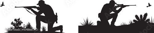 Silhouette of Hunter Aiming Rifle in Nature Scene with Birds and Grass Collection Set