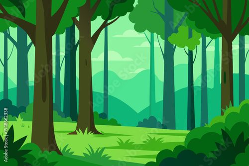 Green summer forest landscape with sun-dappled trees and grass, illustrating the vibrant beauty of nature