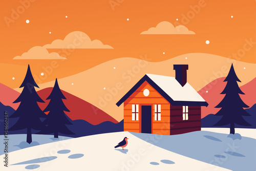 A festive winter landscape with a snow-covered village and cozy houses under a starry night sky, adorned with trees and snowflakes for the holiday season