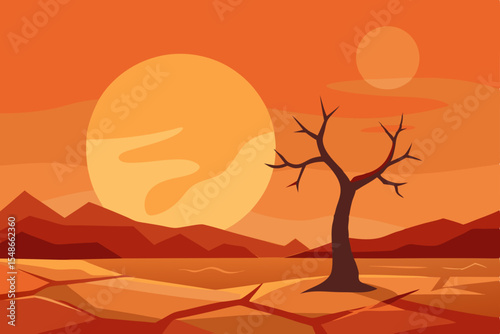 Lone desert tree at sunset, a vibrant silhouette against the orange sky