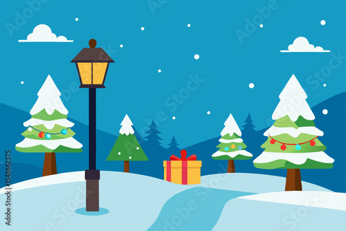 Winter Wonderland Snowy Christmas Eve Scene with Gift and Festive Trees