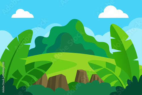 Serene Green Hilltop Landscape Lush Foliage, Rolling Hills, and Tranquil Sky