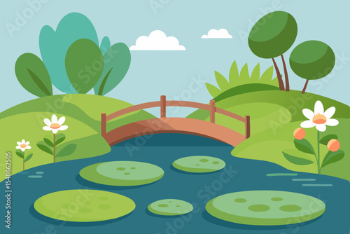 Serene Landscape Picturesque Bridge over Calm Pond with Lush Greenery and Blossoming Flowers
