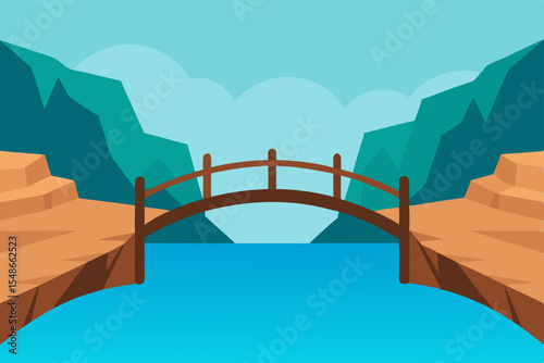 Serene Mountain River Landscape Wooden Bridge Connecting Nature's Beauty