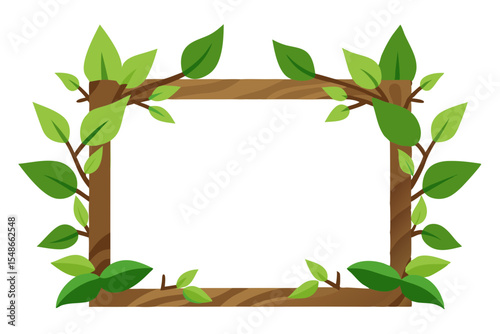 Wooden Frame with Lush Green Leaves Nature-Inspired Design Element