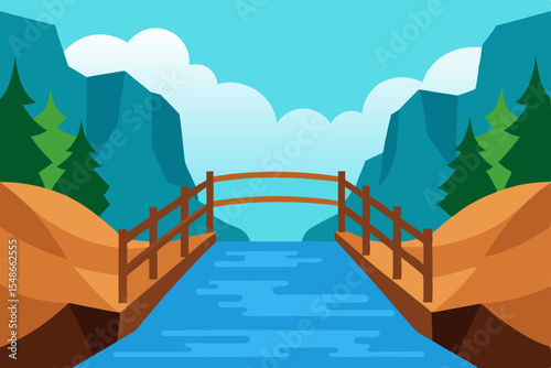 Serene Mountain River Landscape Bridge Crossing Calm Waters