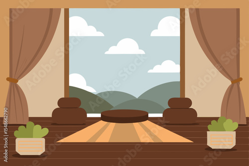 Serene Mountain View Room Interior Design Illustration with Peaceful Atmosphere