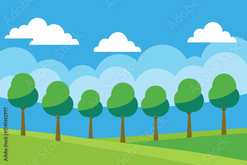 Serene Summer Landscape A Picturesque View of Rolling Hills and Lush Green Trees Under a Blue Sky