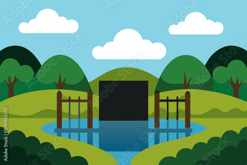 Serene Landscape Picturesque Pond and Rolling Hills Illustration